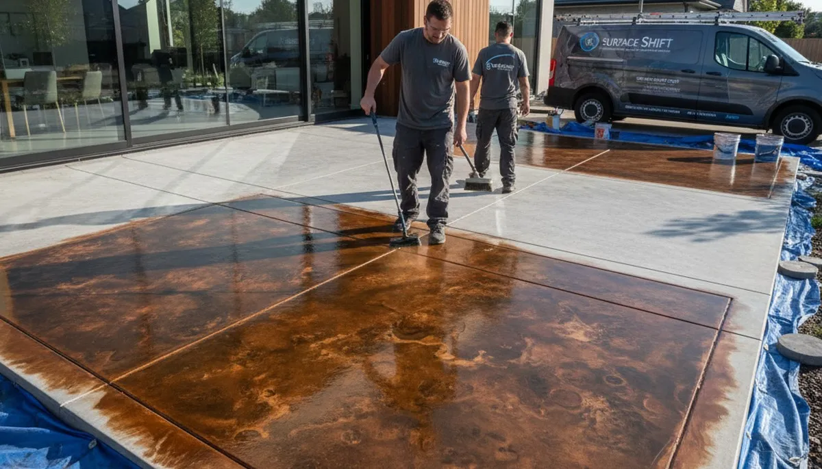 Concrete staining on residential patio by professional painters in Ogden, UT for durable floor finish