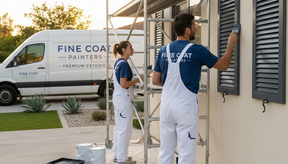 Professional painters refinishing exterior shutters in Ogden, UT for lasting curb appeal and UV protection